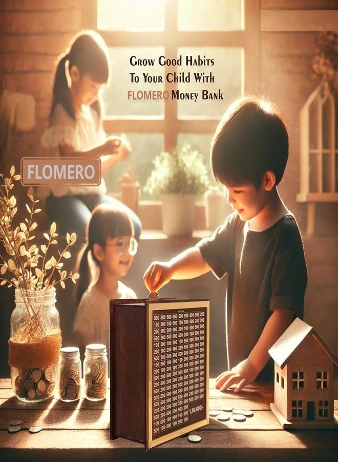 FLOMERO Money Saving Box for Adult 100000 | Wooden Piggy Bank for Kids & Adults, Coin Box with Carved Design, Savings Box, Mini Bank, Donation Box, Smart Money Box, Money Saver, Piggy Bank with Numbers - Image 4